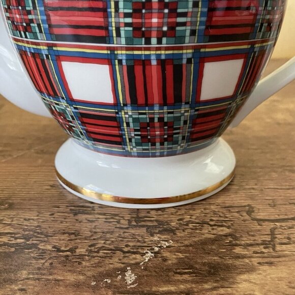 Willams Sonoma Stuart Dress Tartan Teapot White Red Gold Holiday 4 Cup Japan - Picture 8 of 14